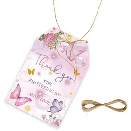 50pcs Butterfly Thank You Tags, Butterfly Gift Tag with String for Baby Shower Party, Thank You Paper Tags for Butterfly Birthday/Flower Engagement/Floral Bridal Shower Party Favors