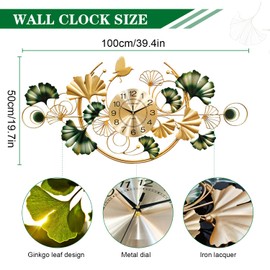Big Wall Clock, Unique Ginkgo Leaf Decorative Wall Clocks, Luxury Metal Gold Flower Wall Decor, Silent Non-Ticking Oversized Clock for Wall, for Living Room Bedroom Kitchen Office(39.4X19.7In)