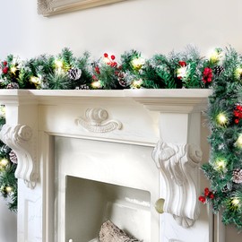 BlessedSeason 9FT Christmas Garland with Lights, Artificial Lighted Garland Indoor for Stairs, Fireplace, 50 Lights Green Garland, Cones & Red Berries & Pine Needle