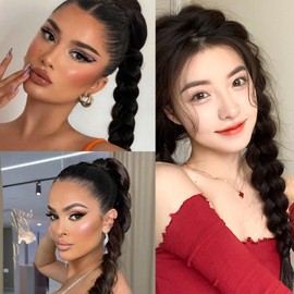 2Pcs Braided Ponytail Extensions with Hair Ties Soft Synthetic Hair Pieces for Women Girls Daily Wear 16 Inch （ Natural black）