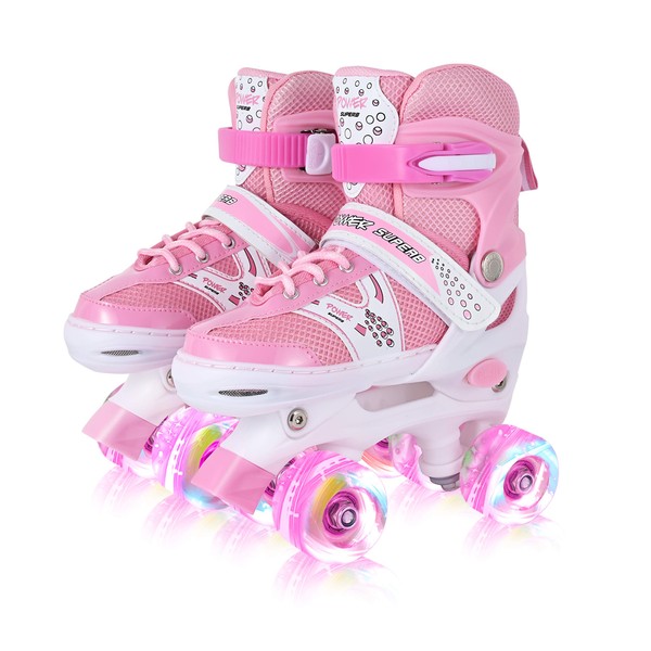 Roller Skates for Girls and Kids, 4 Sizes Adjustable Roller Skates, with All Wheels Light up, Fun Illuminating for Girls and Kids, Rollerskates for Kids Beginners, Medium(2-5), Pink