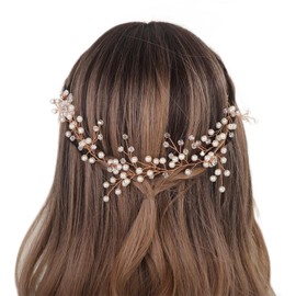 Aimimier Bridal Hair Vine Faux Pearl and Crystal Headband Extro Long Crystal Hair Band for Bride Prom Party Festival Hair Jewelry for Women (Rose gold)