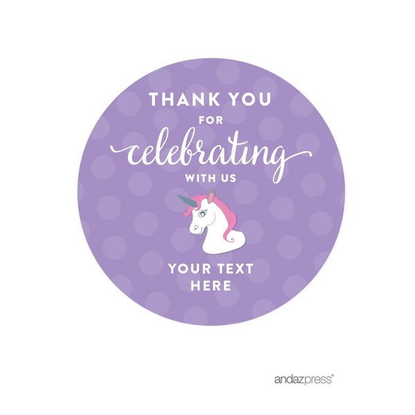 Andaz Press Personalized Birthday Round Circle Labels Stickers, Thank You for Celebrating with Us, Unicorn, 40-Pack, for Gifts and Party Favors, Custom Name
