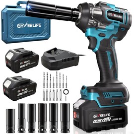 GEVEELIFE 650N.m/480Ft-lbs Brushless Impact Wrench,1/2" Cordless Impact Gun w/ 2x4.0Ah Battery & 6 Sockets, 3300RPM Power Electric Impact Driver for Car/DIY Furniture/Lawn Mower, Blue Toolbox