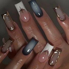 White French Press on Nails Golden Embossed False Nails Long Square Shaped Fake Nails Full Cover Design Gradient False Nails Reusable DIY Acrylic Nails for Women Art Manicure 24 pcs