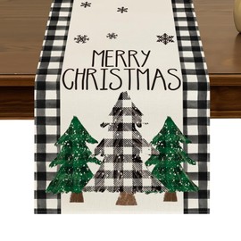 Pine Trees Merry Christmas Table Runner 13x72 Inch Black White Buffalo Plaid Winter Xmas Kitchen Dining Table Decor for Indoor Outdoor Farmhouse Home Party Decoration ZQ69