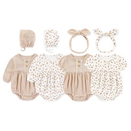 MAMIMAKA Newborn Baby Girl Bodysuit 4 Pack Cotton Bubble Rompers Infant Outfit Floral Long Short Sleeve Bodysuits, 3-6 Months