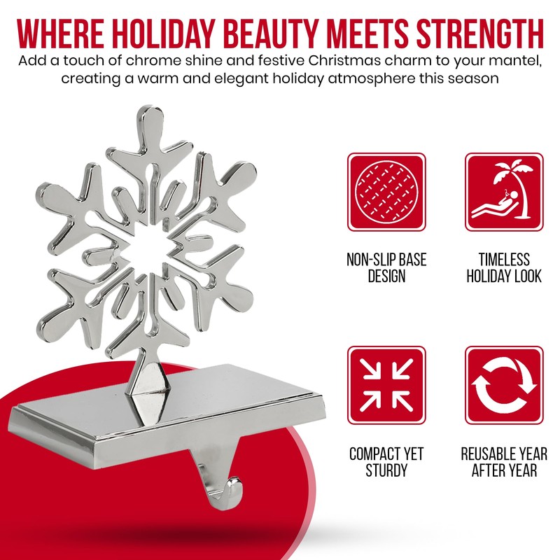 Iconikal 4-Pack Stocking Holders Christmas Chrome Metal Snowflake Weighted for
