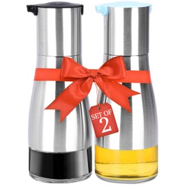 2LB Depot Oil and Vinegar Dispenser Set - Brushed Steel & Glass Containers with Anti-Drip Spout Lid - Easy-Clean - Olive Oil Dispenser Bottle - Minimalist Kitchen Accessory - 7.1"H x 2.7"L x 2.7"W