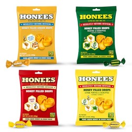 Honees Gotas Rellenas De Miel, Paquete Variado(Miel, Miel Y Limón, Mentol Y Jengibre): Alivio Natural Del Dolor De Garganta, Pastillas Para La Gargant