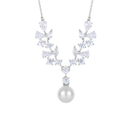 FATACI Women Necklace 925 Sterling Silver 10MM Mother of Pearl Necklace with 5A Cubic Zirconia for Wedding Brides Bridesmaids Mom Mother Wife Daughter Jewelry Gifts