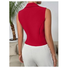 GORGLITTER Women's Asymmetrical Lapel V Neck Blazer Vest Button Front Business Elegant Waistcoat Vest Red Large