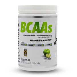 IRONWRX BCAA Powder | Green Apple Flavor | 30 SERVINGS | Zero Sugar | 2:1:1 Leucine, Valine, and Isoleucine Ratio with Citrulline Malate and L-Glutamine | Muscle Growth, Recovery, and Soreness Support