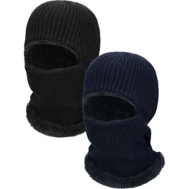2 Pieces Winter Warm Knitted Balaclava Neck Warmer Hat Fleece Lined Ski Mask Windproof Face Mask for Outdoor Sports (Black, Navy Blue)
