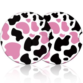 Pink Cow Print Car Coasters for Drinks Absorbent,Car Cup Holder Coaster for Your Car with Fingertip Grip,Removable Cute Auto Accessories,Retro Car Decoration Gifts