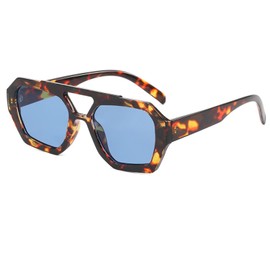 Ggpyyon Trendy Designer Hexagon Pilot Sunglasses for Women Thick Frame Double Bridge Geometric Sun Glasses(Leopard/Blue)