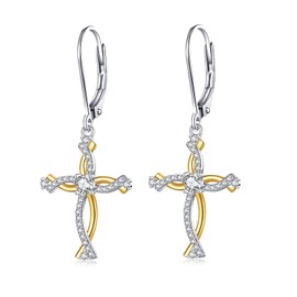 Cross Earrings for Women Sterling Silver Religious Christian Gold Plated Cubic Zirconia Dangles Jewellery Baptism Gifts for Mother Wife Friends Daughter (Cross earrings-with zircon)
