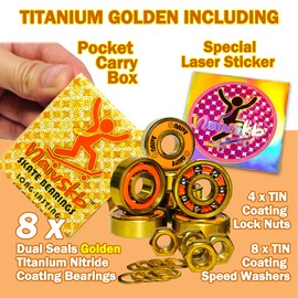 Naivskb Skateboard Bearings 8 Pack - Premium Titanium Coated ABEC9 Set w Lock Nuts & Washers Replace Longboards,Cruisers,Roller Skates,Golden(Anti-Rust,608-2RS,8x22x7mm)