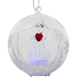 LED Glass Christmas Ornament Angel ;Holding a Red Heart Hand Painted Glittery Snowflakes Color Changing Lights 5 Hour Timer Includes Extra Set of Batteries