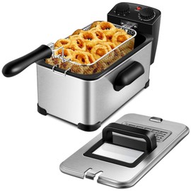 ARLIME Electric Deep Fryer with Basket, 5.3 Qt Commercial Fryer with Adjustable Temperature, Timer, Removable Lid w/ View Window, Stainless Steel Countertop Oil Fryer for Home, Kitchen, 1700W