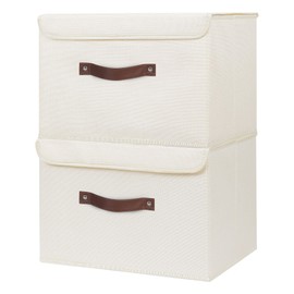 ANMINY 2PCS Storage Bins with Lid PU Leather Handles Storage Boxes PP Plastic Board Decorative Foldable Lidded Cotton Linen Fabric Home Cubes Baskets Closet Organizer Containers - Beige, Large Size