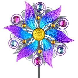 Jusimux Metal Wind Spinner Outdoor, Purple Flowers Wind Sculpture Spinners with Metal Stake, Yard Art Decor for Patio, Lawn & Garden, Creative Gifts 57.5 * 13.3 Inch