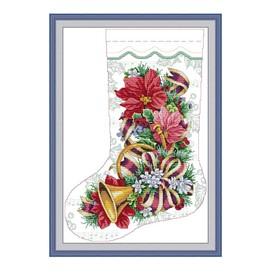 Amiiba Stamped Cross Stitch Kits, Christmas Stocking Flower Bells DIY 11CT 21.2x29.9 inch (Bells)