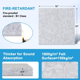 DOLLAR BOSS Acoustic Panels 24 Pack 12''x 12'' x 0.5" High Density Soundproof Panels for Walls, Noise Reducing Sound Absorbing Tiles for Studio Recording Office Home Door Ceiling, Light Grey