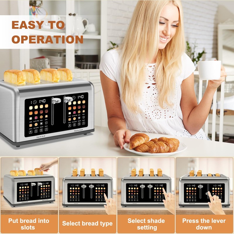 4 Slice Toaster Touch Screen, Stainless Steel Toasters Digital Timer,