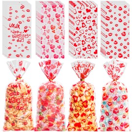 GOMANCHE GOMANCHE 100 Pieces Valentine's Day Cellophane Bags, 4 Assorted Styles Valentines Treat Bags, Valentines Goodies Bags with 100 Pieces Gold Twist Ties for Valentines Party Favors Supplies