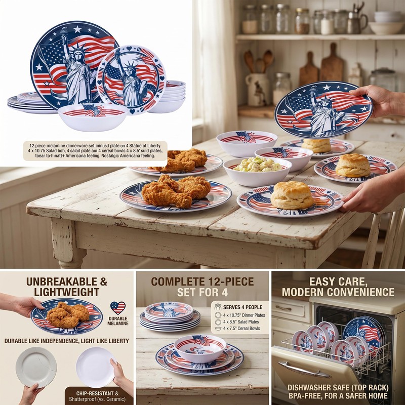 Webbylee 12 Piece Melamine Dinnerware Set,Unbreakable Plates and Bowls with