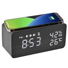 Alarm Clock, Desktop, Digital, Multi-functional, Wood, Qi Wireless Charger, Snooze, Temperature / Humidity / Alarm, Brightness Adjustment, USB Power, Technical Compliance, Qi Certification (Black)