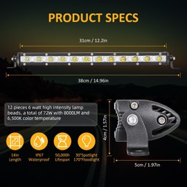 Zmoon 12 Inch LED Light Bar, 144W Spot Flood Combo Beam Light Bar, 8000 lm 6500K White, IP67 Waterproof Offroad Light Bars for Trucks, SUVs, Jeeps, ATVs, Boats, 2-Pack