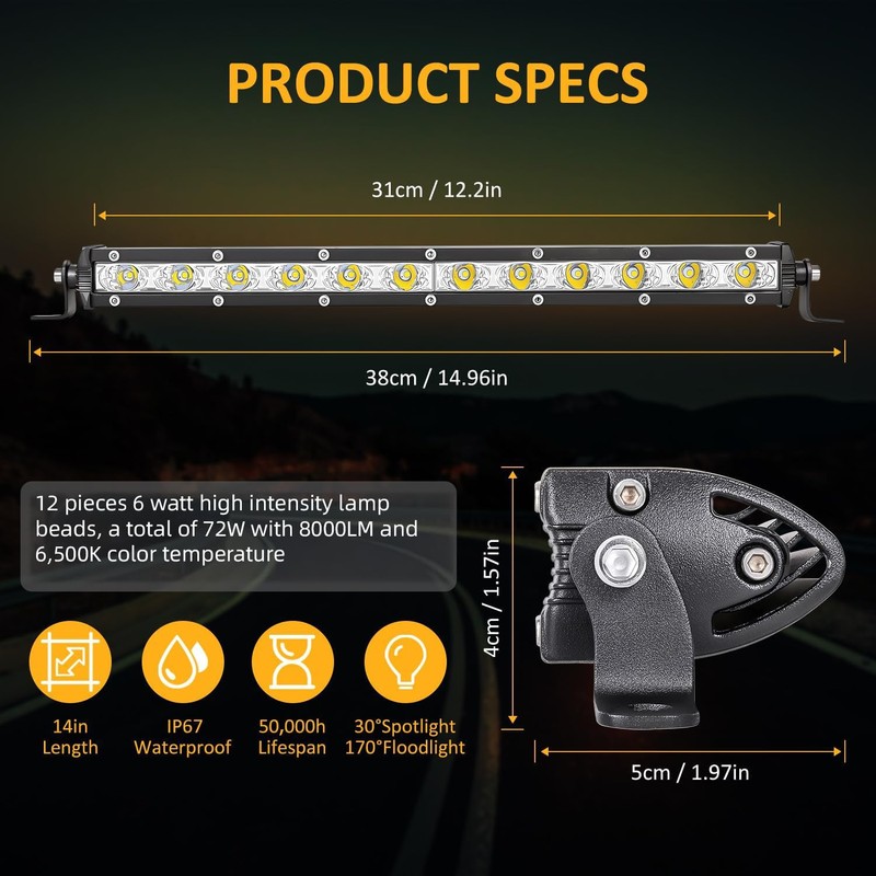 Zmoon 12 Inch LED Light Bar, 144W Spot Flood Combo
