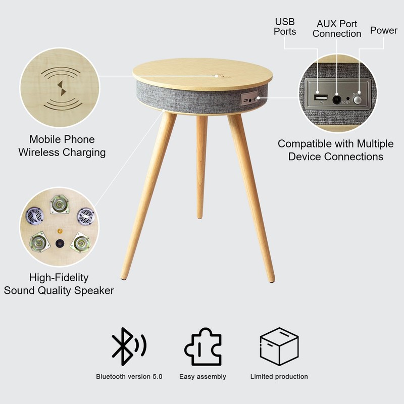 Louis Donné Smart End Table with Bluetooth Speakers, Round Side