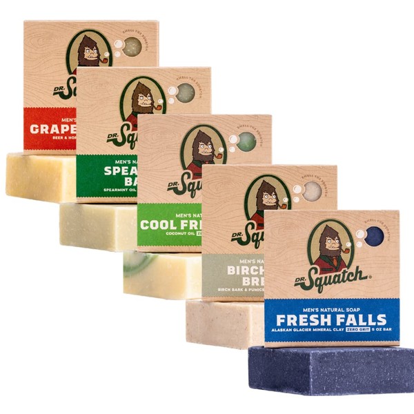 Dr. Squatch All Natural Soap Bar for Men, 5 Bar Variety Pack - Birchwood Breeze, Cool Fresh Aloe, Fresh Falls, Grapefruit IPA, Spearmint Basil