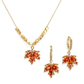 Frigotine Gold Fall Maple Leaf Hoop Earrings Pendent Necklaces Sets for Woman, Dainty Orange Crystal Rhinestone CZ Leaves Necklace Dangle Earing Jewelry Set Wedding Prom Fashion Autumn Gift