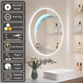Callsky 24'' Circle LED Mirror, Frameless Round Smart Mirror with Backlit & Half Moon Light, Anti-Fog, 3 Color Modes, Dimmable Wall-Mounted LED Vanity Mirrors for Bathroom, Bedroom, Entryway
