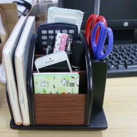 Coideal Wooden Large Spinning Remote Controls Holder Caddy for Table, Rotating Office Supplies Desk Storage Organizer/Revolving Wood Pen Pencil Holder (6 Compartments, Brown & Black)