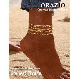 Gold Ankle Bracelets for Women, 14k Gold Plated Anklets for Women Waterproof Layered Cuban Figaro Paperclip Link Herringbone Chain Anklets Non Tarnish Summer Beach Jewelry Gift Adjustable Size S2