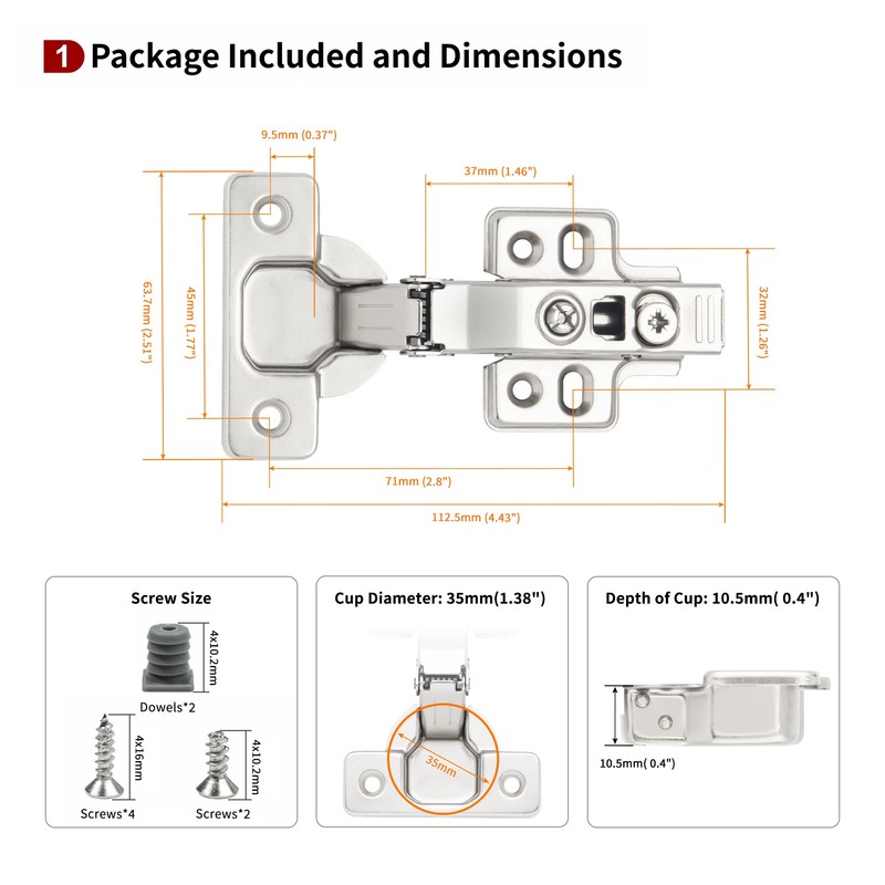 20 Pcs Full Overlay Frameless Soft Close Cabinet Hinges,105° 3-Way