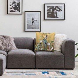 Border in Chinoiserie Style with Herons Peacock Decorative Throw Pillow Cover Soft Velvet Square Throw Pillow Case Home Decor Living Room Cushion Case for Bed Couch Car 18"X18"