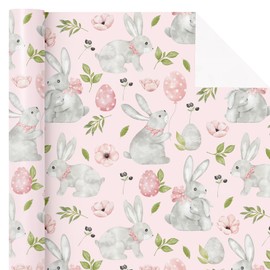 WRAPAHOLIC Baby Shower Wrapping Paper - Mini Roll - 17 Inch x 16.5 Feet - Watercolor Cute Bunny and Pink Floral Wrapping Paper for Baby Shower, Girls Birthday, Baptism Gift Wrap