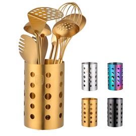 QRU Kitchen Utensil Holder for Countertop (H6.7” x W4.1”), Stainless Steel Cooking Utensil Caddy for Tools, Spatulas, Spoons, Silverware & More, Cooking Utensil Organizer, Kitchen Decor (Gold)