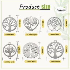 Toaob 24 Pieces Silver Tree of Life Pendants Round Alloy Metal Heart Lucky Charm Pendant for Necklaces Jewellery DIY Favours Key Chain, Stainless Steel