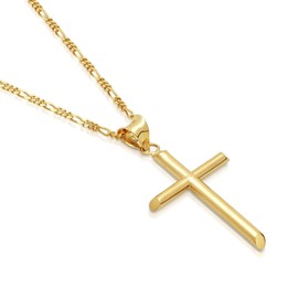 Dubai Collections 14ct Gold Chain Figaro Cross Jewellery Pendant Necklace for Men, Women w/real strong Solid Clasp Miami Cuban Link style (56, Gold Color)