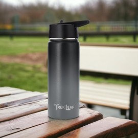 Trek Leaf Travel Water Bottle with 3 Lids (Spout, Straw, Flip) Leak Proof, Quality, Vacuum Insulated, Stainless Steel (Charcoal Fog, 18 oz)