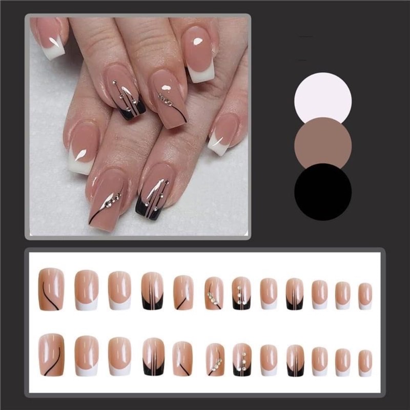 Ztcily Künstliche Nägel, French, Rosa, Schwarz, Hochzeit, mittellang, mit Kristallen,