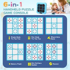 Tic Tac Toe, 6 in 1 Handheld Educational Game Machine, Electronic Tic Tac Toe for Education and Memory Growth, Home, Toy Board Game for Kids and Adults（Blue）