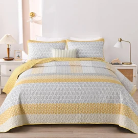 WONGS BEDDING Yellow Quilt Twin Size, Bohemian Stripe Quilt Sets 2 Pieces Boho Quilted Bedspread Set Lightweight Microfiber Coverlet Bedding Set All Season (68"×86")